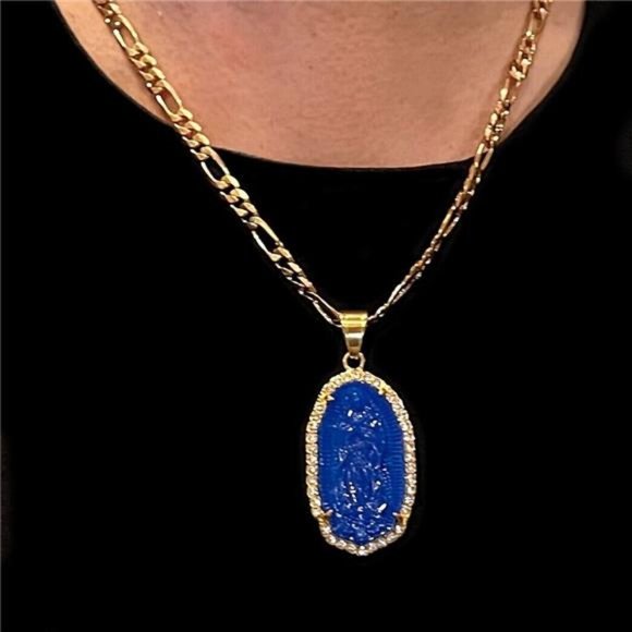18K Gold Plated Figaro Chain Virgen de Guadalupe Holy Mary Simulated CZ 5.8M 20" - Picture 2 of 7